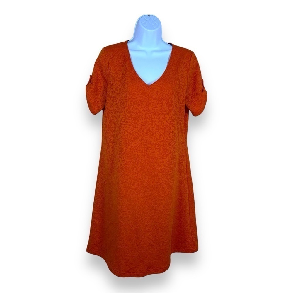 MEDIUM SAHALIE ORANGE BOHO DRESS STRETCH VNECK PAISLEY FLORAL BOHEMIAN
